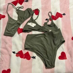 Aerie Sage Ribbed Bikini Tops & Bottom